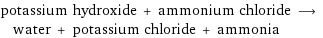 potassium hydroxide + ammonium chloride ⟶ water + potassium chloride + ammonia