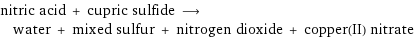 nitric acid + cupric sulfide ⟶ water + mixed sulfur + nitrogen dioxide + copper(II) nitrate