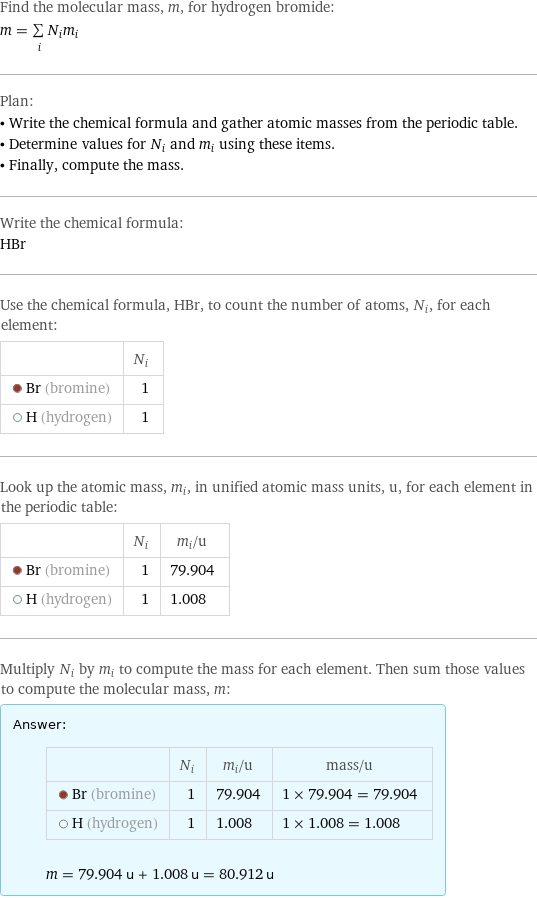 Find the molecular mass, m, for hydrogen bromide: m = sum _iN_im_i Plan: • Write the chemical formula and gather atomic masses from the periodic table. • Determine values for N_i and m_i using these items. • Finally, compute the mass. Write the chemical formula: HBr Use the chemical formula, HBr, to count the number of atoms, N_i, for each element:  | N_i  Br (bromine) | 1  H (hydrogen) | 1 Look up the atomic mass, m_i, in unified atomic mass units, u, for each element in the periodic table:  | N_i | m_i/u  Br (bromine) | 1 | 79.904  H (hydrogen) | 1 | 1.008 Multiply N_i by m_i to compute the mass for each element. Then sum those values to compute the molecular mass, m: Answer: |   | | N_i | m_i/u | mass/u  Br (bromine) | 1 | 79.904 | 1 × 79.904 = 79.904  H (hydrogen) | 1 | 1.008 | 1 × 1.008 = 1.008  m = 79.904 u + 1.008 u = 80.912 u