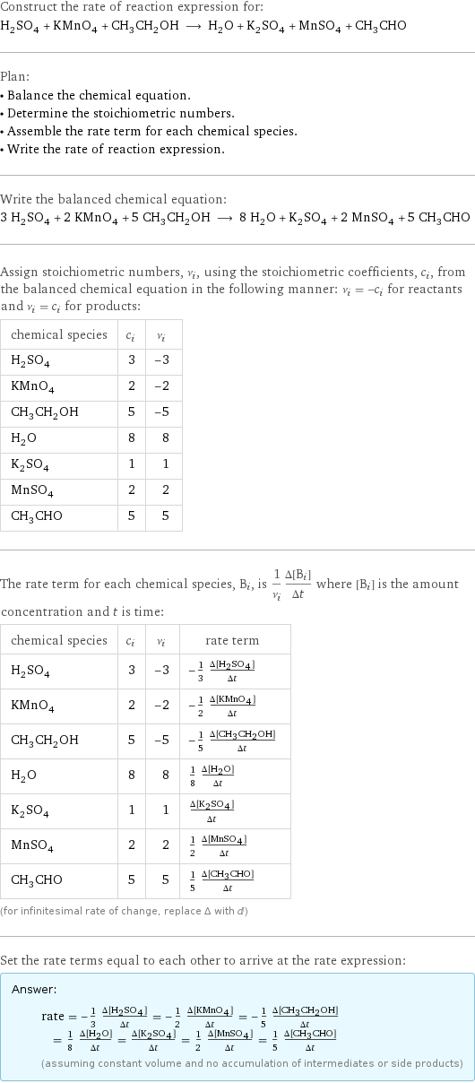 Construct the rate of reaction expression for: H_2SO_4 + KMnO_4 + CH_3CH_2OH ⟶ H_2O + K_2SO_4 + MnSO_4 + CH_3CHO Plan: • Balance the chemical equation. • Determine the stoichiometric numbers. • Assemble the rate term for each chemical species. • Write the rate of reaction expression. Write the balanced chemical equation: 3 H_2SO_4 + 2 KMnO_4 + 5 CH_3CH_2OH ⟶ 8 H_2O + K_2SO_4 + 2 MnSO_4 + 5 CH_3CHO Assign stoichiometric numbers, ν_i, using the stoichiometric coefficients, c_i, from the balanced chemical equation in the following manner: ν_i = -c_i for reactants and ν_i = c_i for products: chemical species | c_i | ν_i H_2SO_4 | 3 | -3 KMnO_4 | 2 | -2 CH_3CH_2OH | 5 | -5 H_2O | 8 | 8 K_2SO_4 | 1 | 1 MnSO_4 | 2 | 2 CH_3CHO | 5 | 5 The rate term for each chemical species, B_i, is 1/ν_i(Δ[B_i])/(Δt) where [B_i] is the amount concentration and t is time: chemical species | c_i | ν_i | rate term H_2SO_4 | 3 | -3 | -1/3 (Δ[H2SO4])/(Δt) KMnO_4 | 2 | -2 | -1/2 (Δ[KMnO4])/(Δt) CH_3CH_2OH | 5 | -5 | -1/5 (Δ[CH3CH2OH])/(Δt) H_2O | 8 | 8 | 1/8 (Δ[H2O])/(Δt) K_2SO_4 | 1 | 1 | (Δ[K2SO4])/(Δt) MnSO_4 | 2 | 2 | 1/2 (Δ[MnSO4])/(Δt) CH_3CHO | 5 | 5 | 1/5 (Δ[CH3CHO])/(Δt) (for infinitesimal rate of change, replace Δ with d) Set the rate terms equal to each other to arrive at the rate expression: Answer: |   | rate = -1/3 (Δ[H2SO4])/(Δt) = -1/2 (Δ[KMnO4])/(Δt) = -1/5 (Δ[CH3CH2OH])/(Δt) = 1/8 (Δ[H2O])/(Δt) = (Δ[K2SO4])/(Δt) = 1/2 (Δ[MnSO4])/(Δt) = 1/5 (Δ[CH3CHO])/(Δt) (assuming constant volume and no accumulation of intermediates or side products)