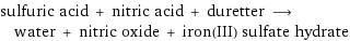 sulfuric acid + nitric acid + duretter ⟶ water + nitric oxide + iron(III) sulfate hydrate