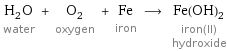 H_2O water + O_2 oxygen + Fe iron ⟶ Fe(OH)_2 iron(II) hydroxide