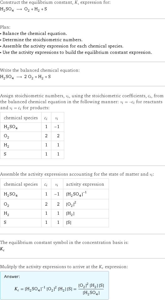 Construct the equilibrium constant, K, expression for: H_2SO_4 ⟶ O_2 + H_2 + S Plan: • Balance the chemical equation. • Determine the stoichiometric numbers. • Assemble the activity expression for each chemical species. • Use the activity expressions to build the equilibrium constant expression. Write the balanced chemical equation: H_2SO_4 ⟶ 2 O_2 + H_2 + S Assign stoichiometric numbers, ν_i, using the stoichiometric coefficients, c_i, from the balanced chemical equation in the following manner: ν_i = -c_i for reactants and ν_i = c_i for products: chemical species | c_i | ν_i H_2SO_4 | 1 | -1 O_2 | 2 | 2 H_2 | 1 | 1 S | 1 | 1 Assemble the activity expressions accounting for the state of matter and ν_i: chemical species | c_i | ν_i | activity expression H_2SO_4 | 1 | -1 | ([H2SO4])^(-1) O_2 | 2 | 2 | ([O2])^2 H_2 | 1 | 1 | [H2] S | 1 | 1 | [S] The equilibrium constant symbol in the concentration basis is: K_c Mulitply the activity expressions to arrive at the K_c expression: Answer: |   | K_c = ([H2SO4])^(-1) ([O2])^2 [H2] [S] = (([O2])^2 [H2] [S])/([H2SO4])