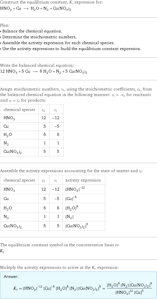 Construct the equilibrium constant, K, expression for: HNO_3 + Cu ⟶ H_2O + N_2 + Cu(NO_3)_2 Plan: • Balance the chemical equation. • Determine the stoichiometric numbers. • Assemble the activity expression for each chemical species. • Use the activity expressions to build the equilibrium constant expression. Write the balanced chemical equation: 12 HNO_3 + 5 Cu ⟶ 6 H_2O + N_2 + 5 Cu(NO_3)_2 Assign stoichiometric numbers, ν_i, using the stoichiometric coefficients, c_i, from the balanced chemical equation in the following manner: ν_i = -c_i for reactants and ν_i = c_i for products: chemical species | c_i | ν_i HNO_3 | 12 | -12 Cu | 5 | -5 H_2O | 6 | 6 N_2 | 1 | 1 Cu(NO_3)_2 | 5 | 5 Assemble the activity expressions accounting for the state of matter and ν_i: chemical species | c_i | ν_i | activity expression HNO_3 | 12 | -12 | ([HNO3])^(-12) Cu | 5 | -5 | ([Cu])^(-5) H_2O | 6 | 6 | ([H2O])^6 N_2 | 1 | 1 | [N2] Cu(NO_3)_2 | 5 | 5 | ([Cu(NO3)2])^5 The equilibrium constant symbol in the concentration basis is: K_c Mulitply the activity expressions to arrive at the K_c expression: Answer: |   | K_c = ([HNO3])^(-12) ([Cu])^(-5) ([H2O])^6 [N2] ([Cu(NO3)2])^5 = (([H2O])^6 [N2] ([Cu(NO3)2])^5)/(([HNO3])^12 ([Cu])^5)