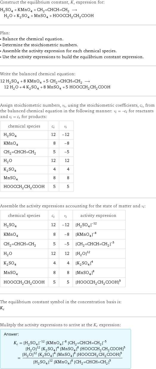 Construct the equilibrium constant, K, expression for: H_2SO_4 + KMnO_4 + CH_2=CHCH=CH_2 ⟶ H_2O + K_2SO_4 + MnSO_4 + HOOCCH_2CH_2COOH Plan: • Balance the chemical equation. • Determine the stoichiometric numbers. • Assemble the activity expression for each chemical species. • Use the activity expressions to build the equilibrium constant expression. Write the balanced chemical equation: 12 H_2SO_4 + 8 KMnO_4 + 5 CH_2=CHCH=CH_2 ⟶ 12 H_2O + 4 K_2SO_4 + 8 MnSO_4 + 5 HOOCCH_2CH_2COOH Assign stoichiometric numbers, ν_i, using the stoichiometric coefficients, c_i, from the balanced chemical equation in the following manner: ν_i = -c_i for reactants and ν_i = c_i for products: chemical species | c_i | ν_i H_2SO_4 | 12 | -12 KMnO_4 | 8 | -8 CH_2=CHCH=CH_2 | 5 | -5 H_2O | 12 | 12 K_2SO_4 | 4 | 4 MnSO_4 | 8 | 8 HOOCCH_2CH_2COOH | 5 | 5 Assemble the activity expressions accounting for the state of matter and ν_i: chemical species | c_i | ν_i | activity expression H_2SO_4 | 12 | -12 | ([H2SO4])^(-12) KMnO_4 | 8 | -8 | ([KMnO4])^(-8) CH_2=CHCH=CH_2 | 5 | -5 | ([CH2=CHCH=CH2])^(-5) H_2O | 12 | 12 | ([H2O])^12 K_2SO_4 | 4 | 4 | ([K2SO4])^4 MnSO_4 | 8 | 8 | ([MnSO4])^8 HOOCCH_2CH_2COOH | 5 | 5 | ([HOOCCH2CH2COOH])^5 The equilibrium constant symbol in the concentration basis is: K_c Mulitply the activity expressions to arrive at the K_c expression: Answer: |   | K_c = ([H2SO4])^(-12) ([KMnO4])^(-8) ([CH2=CHCH=CH2])^(-5) ([H2O])^12 ([K2SO4])^4 ([MnSO4])^8 ([HOOCCH2CH2COOH])^5 = (([H2O])^12 ([K2SO4])^4 ([MnSO4])^8 ([HOOCCH2CH2COOH])^5)/(([H2SO4])^12 ([KMnO4])^8 ([CH2=CHCH=CH2])^5)