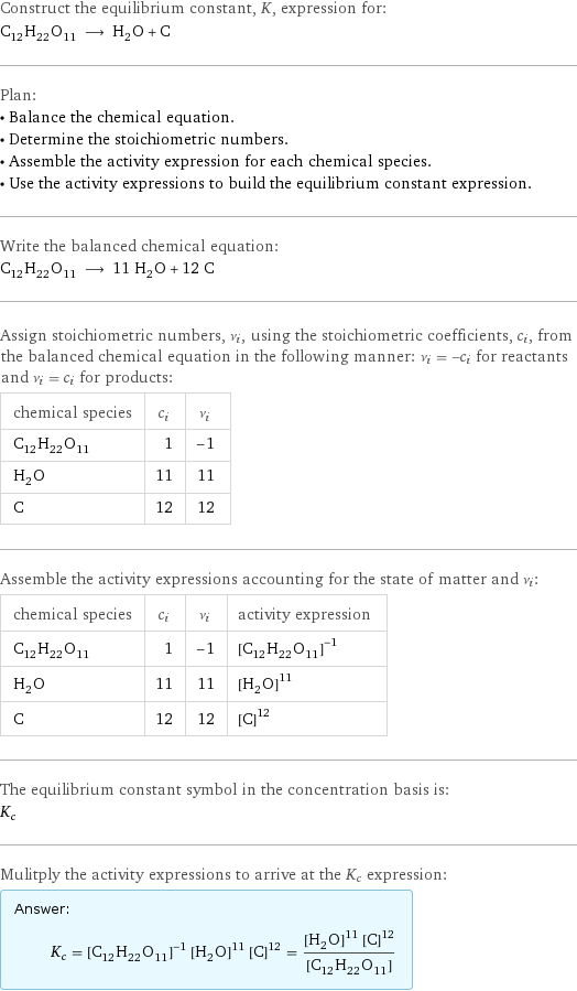 Construct the equilibrium constant, K, expression for: C_12H_22O_11 ⟶ H_2O + C Plan: • Balance the chemical equation. • Determine the stoichiometric numbers. • Assemble the activity expression for each chemical species. • Use the activity expressions to build the equilibrium constant expression. Write the balanced chemical equation: C_12H_22O_11 ⟶ 11 H_2O + 12 C Assign stoichiometric numbers, ν_i, using the stoichiometric coefficients, c_i, from the balanced chemical equation in the following manner: ν_i = -c_i for reactants and ν_i = c_i for products: chemical species | c_i | ν_i C_12H_22O_11 | 1 | -1 H_2O | 11 | 11 C | 12 | 12 Assemble the activity expressions accounting for the state of matter and ν_i: chemical species | c_i | ν_i | activity expression C_12H_22O_11 | 1 | -1 | ([C12H22O11])^(-1) H_2O | 11 | 11 | ([H2O])^11 C | 12 | 12 | ([C])^12 The equilibrium constant symbol in the concentration basis is: K_c Mulitply the activity expressions to arrive at the K_c expression: Answer: |   | K_c = ([C12H22O11])^(-1) ([H2O])^11 ([C])^12 = (([H2O])^11 ([C])^12)/([C12H22O11])