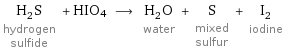 H_2S hydrogen sulfide + HIO4 ⟶ H_2O water + S mixed sulfur + I_2 iodine