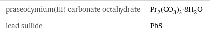 praseodymium(III) carbonate octahydrate | Pr_2(CO_3)_3·8H_2O lead sulfide | PbS