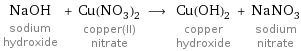 NaOH sodium hydroxide + Cu(NO_3)_2 copper(II) nitrate ⟶ Cu(OH)_2 copper hydroxide + NaNO_3 sodium nitrate