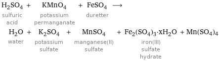 H_2SO_4 sulfuric acid + KMnO_4 potassium permanganate + FeSO_4 duretter ⟶ H_2O water + K_2SO_4 potassium sulfate + MnSO_4 manganese(II) sulfate + Fe_2(SO_4)_3·xH_2O iron(III) sulfate hydrate + Mn(SO4)4