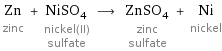 Zn zinc + NiSO_4 nickel(II) sulfate ⟶ ZnSO_4 zinc sulfate + Ni nickel