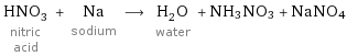 HNO_3 nitric acid + Na sodium ⟶ H_2O water + NH3NO3 + NaNO4