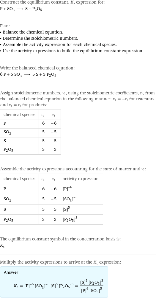 Construct the equilibrium constant, K, expression for: P + SO_3 ⟶ S + P2O5 Plan: • Balance the chemical equation. • Determine the stoichiometric numbers. • Assemble the activity expression for each chemical species. • Use the activity expressions to build the equilibrium constant expression. Write the balanced chemical equation: 6 P + 5 SO_3 ⟶ 5 S + 3 P2O5 Assign stoichiometric numbers, ν_i, using the stoichiometric coefficients, c_i, from the balanced chemical equation in the following manner: ν_i = -c_i for reactants and ν_i = c_i for products: chemical species | c_i | ν_i P | 6 | -6 SO_3 | 5 | -5 S | 5 | 5 P2O5 | 3 | 3 Assemble the activity expressions accounting for the state of matter and ν_i: chemical species | c_i | ν_i | activity expression P | 6 | -6 | ([P])^(-6) SO_3 | 5 | -5 | ([SO3])^(-5) S | 5 | 5 | ([S])^5 P2O5 | 3 | 3 | ([P2O5])^3 The equilibrium constant symbol in the concentration basis is: K_c Mulitply the activity expressions to arrive at the K_c expression: Answer: |   | K_c = ([P])^(-6) ([SO3])^(-5) ([S])^5 ([P2O5])^3 = (([S])^5 ([P2O5])^3)/(([P])^6 ([SO3])^5)