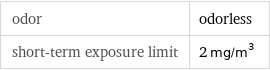 odor | odorless short-term exposure limit | 2 mg/m^3