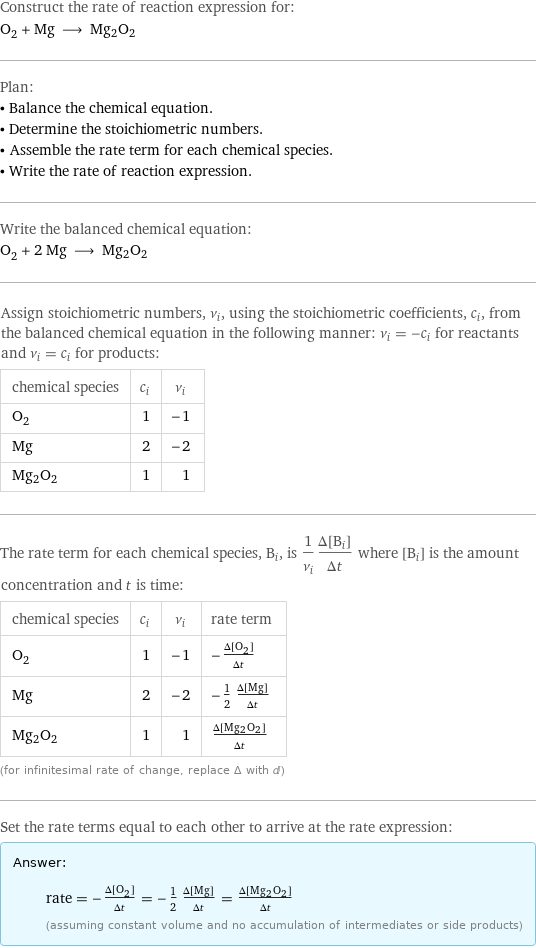Construct the rate of reaction expression for: O_2 + Mg ⟶ Mg2O2 Plan: • Balance the chemical equation. • Determine the stoichiometric numbers. • Assemble the rate term for each chemical species. • Write the rate of reaction expression. Write the balanced chemical equation: O_2 + 2 Mg ⟶ Mg2O2 Assign stoichiometric numbers, ν_i, using the stoichiometric coefficients, c_i, from the balanced chemical equation in the following manner: ν_i = -c_i for reactants and ν_i = c_i for products: chemical species | c_i | ν_i O_2 | 1 | -1 Mg | 2 | -2 Mg2O2 | 1 | 1 The rate term for each chemical species, B_i, is 1/ν_i(Δ[B_i])/(Δt) where [B_i] is the amount concentration and t is time: chemical species | c_i | ν_i | rate term O_2 | 1 | -1 | -(Δ[O2])/(Δt) Mg | 2 | -2 | -1/2 (Δ[Mg])/(Δt) Mg2O2 | 1 | 1 | (Δ[Mg2O2])/(Δt) (for infinitesimal rate of change, replace Δ with d) Set the rate terms equal to each other to arrive at the rate expression: Answer: |   | rate = -(Δ[O2])/(Δt) = -1/2 (Δ[Mg])/(Δt) = (Δ[Mg2O2])/(Δt) (assuming constant volume and no accumulation of intermediates or side products)