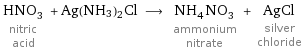 HNO_3 nitric acid + Ag(NH3)2Cl ⟶ NH_4NO_3 ammonium nitrate + AgCl silver chloride