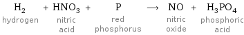 H_2 hydrogen + HNO_3 nitric acid + P red phosphorus ⟶ NO nitric oxide + H_3PO_4 phosphoric acid