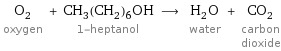 O_2 oxygen + CH_3(CH_2)_6OH 1-heptanol ⟶ H_2O water + CO_2 carbon dioxide