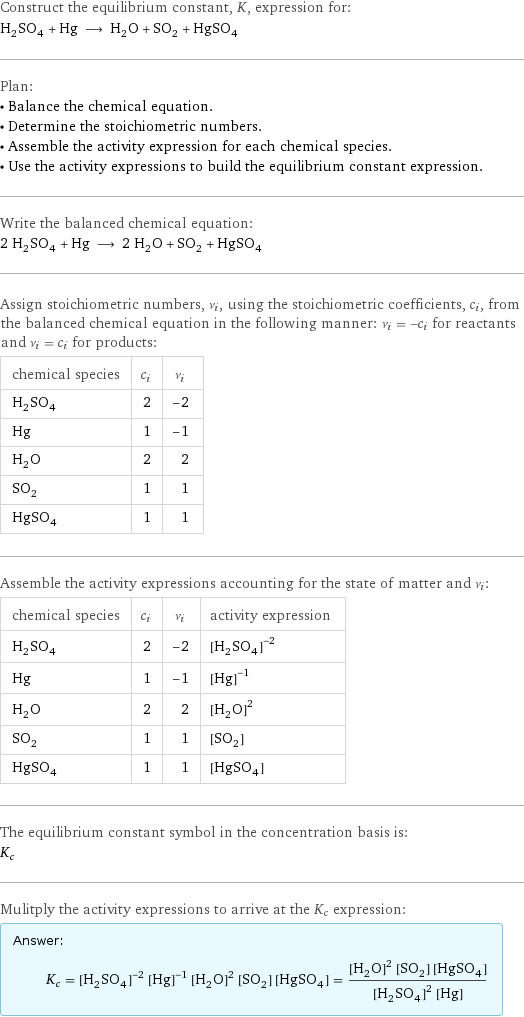 Construct the equilibrium constant, K, expression for: H_2SO_4 + Hg ⟶ H_2O + SO_2 + HgSO_4 Plan: • Balance the chemical equation. • Determine the stoichiometric numbers. • Assemble the activity expression for each chemical species. • Use the activity expressions to build the equilibrium constant expression. Write the balanced chemical equation: 2 H_2SO_4 + Hg ⟶ 2 H_2O + SO_2 + HgSO_4 Assign stoichiometric numbers, ν_i, using the stoichiometric coefficients, c_i, from the balanced chemical equation in the following manner: ν_i = -c_i for reactants and ν_i = c_i for products: chemical species | c_i | ν_i H_2SO_4 | 2 | -2 Hg | 1 | -1 H_2O | 2 | 2 SO_2 | 1 | 1 HgSO_4 | 1 | 1 Assemble the activity expressions accounting for the state of matter and ν_i: chemical species | c_i | ν_i | activity expression H_2SO_4 | 2 | -2 | ([H2SO4])^(-2) Hg | 1 | -1 | ([Hg])^(-1) H_2O | 2 | 2 | ([H2O])^2 SO_2 | 1 | 1 | [SO2] HgSO_4 | 1 | 1 | [HgSO4] The equilibrium constant symbol in the concentration basis is: K_c Mulitply the activity expressions to arrive at the K_c expression: Answer: |   | K_c = ([H2SO4])^(-2) ([Hg])^(-1) ([H2O])^2 [SO2] [HgSO4] = (([H2O])^2 [SO2] [HgSO4])/(([H2SO4])^2 [Hg])