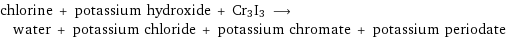 chlorine + potassium hydroxide + Cr3I3 ⟶ water + potassium chloride + potassium chromate + potassium periodate