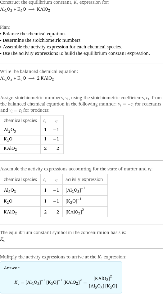 Construct the equilibrium constant, K, expression for: Al_2O_3 + K_2O ⟶ KAlO2 Plan: • Balance the chemical equation. • Determine the stoichiometric numbers. • Assemble the activity expression for each chemical species. • Use the activity expressions to build the equilibrium constant expression. Write the balanced chemical equation: Al_2O_3 + K_2O ⟶ 2 KAlO2 Assign stoichiometric numbers, ν_i, using the stoichiometric coefficients, c_i, from the balanced chemical equation in the following manner: ν_i = -c_i for reactants and ν_i = c_i for products: chemical species | c_i | ν_i Al_2O_3 | 1 | -1 K_2O | 1 | -1 KAlO2 | 2 | 2 Assemble the activity expressions accounting for the state of matter and ν_i: chemical species | c_i | ν_i | activity expression Al_2O_3 | 1 | -1 | ([Al2O3])^(-1) K_2O | 1 | -1 | ([K2O])^(-1) KAlO2 | 2 | 2 | ([KAlO2])^2 The equilibrium constant symbol in the concentration basis is: K_c Mulitply the activity expressions to arrive at the K_c expression: Answer: |   | K_c = ([Al2O3])^(-1) ([K2O])^(-1) ([KAlO2])^2 = ([KAlO2])^2/([Al2O3] [K2O])