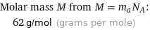 Molar mass M from M = m_aN_A:  | 62 g/mol (grams per mole)