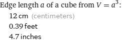 Edge length a of a cube from V = a^3:  | 12 cm (centimeters)  | 0.39 feet  | 4.7 inches