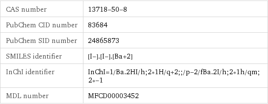 CAS number | 13718-50-8 PubChem CID number | 83684 PubChem SID number | 24865873 SMILES identifier | [I-].[I-].[Ba+2] InChI identifier | InChI=1/Ba.2HI/h;2*1H/q+2;;/p-2/fBa.2I/h;2*1h/qm;2*-1 MDL number | MFCD00003452