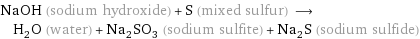 NaOH (sodium hydroxide) + S (mixed sulfur) ⟶ H_2O (water) + Na_2SO_3 (sodium sulfite) + Na_2S (sodium sulfide)