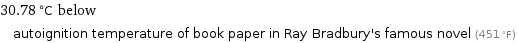 30.78 °C below autoignition temperature of book paper in Ray Bradbury's famous novel (451 °F)