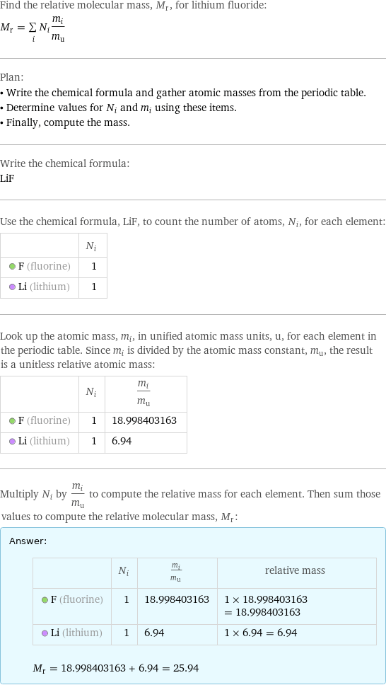 Find the relative molecular mass, M_r, for lithium fluoride: M_r = sum _iN_im_i/m_u Plan: • Write the chemical formula and gather atomic masses from the periodic table. • Determine values for N_i and m_i using these items. • Finally, compute the mass. Write the chemical formula: LiF Use the chemical formula, LiF, to count the number of atoms, N_i, for each element:  | N_i  F (fluorine) | 1  Li (lithium) | 1 Look up the atomic mass, m_i, in unified atomic mass units, u, for each element in the periodic table. Since m_i is divided by the atomic mass constant, m_u, the result is a unitless relative atomic mass:  | N_i | m_i/m_u  F (fluorine) | 1 | 18.998403163  Li (lithium) | 1 | 6.94 Multiply N_i by m_i/m_u to compute the relative mass for each element. Then sum those values to compute the relative molecular mass, M_r: Answer: |   | | N_i | m_i/m_u | relative mass  F (fluorine) | 1 | 18.998403163 | 1 × 18.998403163 = 18.998403163  Li (lithium) | 1 | 6.94 | 1 × 6.94 = 6.94  M_r = 18.998403163 + 6.94 = 25.94