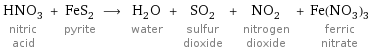 HNO_3 nitric acid + FeS_2 pyrite ⟶ H_2O water + SO_2 sulfur dioxide + NO_2 nitrogen dioxide + Fe(NO_3)_3 ferric nitrate