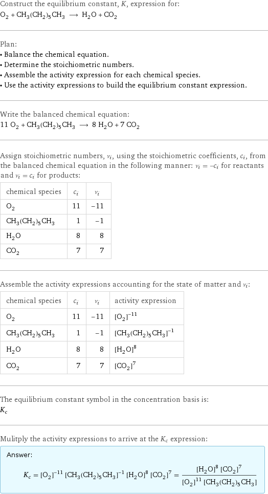 Construct the equilibrium constant, K, expression for: O_2 + CH_3(CH_2)_5CH_3 ⟶ H_2O + CO_2 Plan: • Balance the chemical equation. • Determine the stoichiometric numbers. • Assemble the activity expression for each chemical species. • Use the activity expressions to build the equilibrium constant expression. Write the balanced chemical equation: 11 O_2 + CH_3(CH_2)_5CH_3 ⟶ 8 H_2O + 7 CO_2 Assign stoichiometric numbers, ν_i, using the stoichiometric coefficients, c_i, from the balanced chemical equation in the following manner: ν_i = -c_i for reactants and ν_i = c_i for products: chemical species | c_i | ν_i O_2 | 11 | -11 CH_3(CH_2)_5CH_3 | 1 | -1 H_2O | 8 | 8 CO_2 | 7 | 7 Assemble the activity expressions accounting for the state of matter and ν_i: chemical species | c_i | ν_i | activity expression O_2 | 11 | -11 | ([O2])^(-11) CH_3(CH_2)_5CH_3 | 1 | -1 | ([CH3(CH2)5CH3])^(-1) H_2O | 8 | 8 | ([H2O])^8 CO_2 | 7 | 7 | ([CO2])^7 The equilibrium constant symbol in the concentration basis is: K_c Mulitply the activity expressions to arrive at the K_c expression: Answer: |   | K_c = ([O2])^(-11) ([CH3(CH2)5CH3])^(-1) ([H2O])^8 ([CO2])^7 = (([H2O])^8 ([CO2])^7)/(([O2])^11 [CH3(CH2)5CH3])