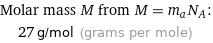 Molar mass M from M = m_aN_A:  | 27 g/mol (grams per mole)