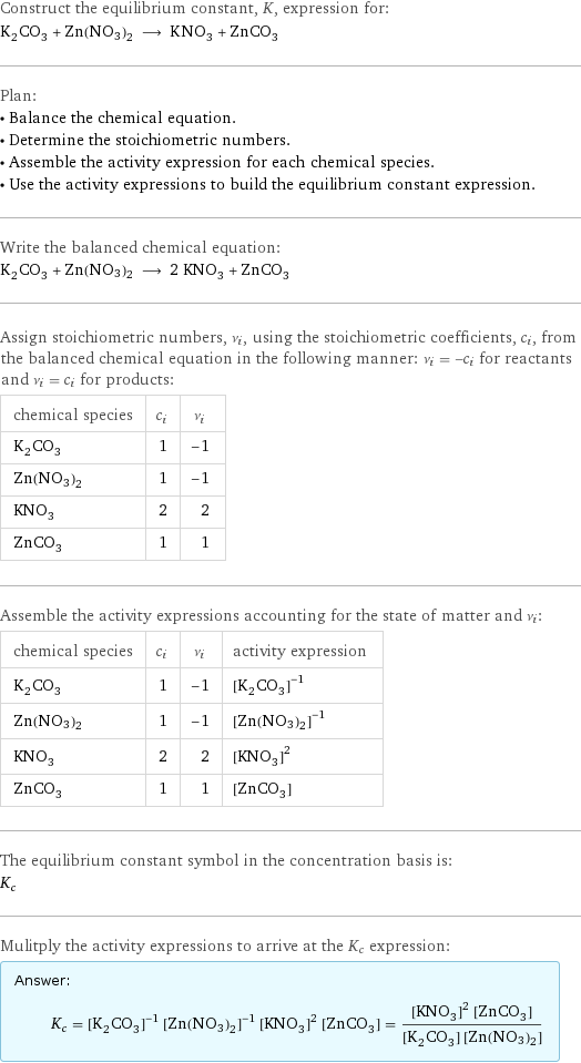 Construct the equilibrium constant, K, expression for: K_2CO_3 + Zn(NO3)2 ⟶ KNO_3 + ZnCO_3 Plan: • Balance the chemical equation. • Determine the stoichiometric numbers. • Assemble the activity expression for each chemical species. • Use the activity expressions to build the equilibrium constant expression. Write the balanced chemical equation: K_2CO_3 + Zn(NO3)2 ⟶ 2 KNO_3 + ZnCO_3 Assign stoichiometric numbers, ν_i, using the stoichiometric coefficients, c_i, from the balanced chemical equation in the following manner: ν_i = -c_i for reactants and ν_i = c_i for products: chemical species | c_i | ν_i K_2CO_3 | 1 | -1 Zn(NO3)2 | 1 | -1 KNO_3 | 2 | 2 ZnCO_3 | 1 | 1 Assemble the activity expressions accounting for the state of matter and ν_i: chemical species | c_i | ν_i | activity expression K_2CO_3 | 1 | -1 | ([K2CO3])^(-1) Zn(NO3)2 | 1 | -1 | ([Zn(NO3)2])^(-1) KNO_3 | 2 | 2 | ([KNO3])^2 ZnCO_3 | 1 | 1 | [ZnCO3] The equilibrium constant symbol in the concentration basis is: K_c Mulitply the activity expressions to arrive at the K_c expression: Answer: |   | K_c = ([K2CO3])^(-1) ([Zn(NO3)2])^(-1) ([KNO3])^2 [ZnCO3] = (([KNO3])^2 [ZnCO3])/([K2CO3] [Zn(NO3)2])