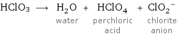 HClO3 ⟶ H_2O water + HClO_4 perchloric acid + (ClO_2)^- chlorite anion