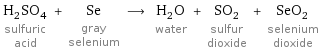 H_2SO_4 sulfuric acid + Se gray selenium ⟶ H_2O water + SO_2 sulfur dioxide + SeO_2 selenium dioxide