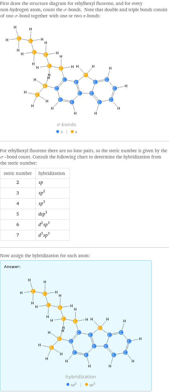 First draw the structure diagram for ethylhexyl fluorene, and for every non-hydrogen atom, count the σ-bonds. Note that double and triple bonds consist of one σ-bond together with one or two π-bonds:  For ethylhexyl fluorene there are no lone pairs, so the steric number is given by the σ-bond count. Consult the following chart to determine the hybridization from the steric number: steric number | hybridization 2 | sp 3 | sp^2 4 | sp^3 5 | dsp^3 6 | d^2sp^3 7 | d^3sp^3 Now assign the hybridization for each atom: Answer: |   | 