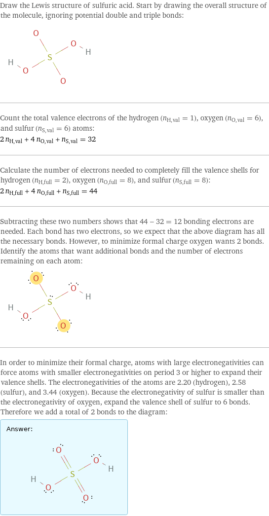 Draw the Lewis structure of sulfuric acid. Start by drawing the overall structure of the molecule, ignoring potential double and triple bonds:  Count the total valence electrons of the hydrogen (n_H, val = 1), oxygen (n_O, val = 6), and sulfur (n_S, val = 6) atoms: 2 n_H, val + 4 n_O, val + n_S, val = 32 Calculate the number of electrons needed to completely fill the valence shells for hydrogen (n_H, full = 2), oxygen (n_O, full = 8), and sulfur (n_S, full = 8): 2 n_H, full + 4 n_O, full + n_S, full = 44 Subtracting these two numbers shows that 44 - 32 = 12 bonding electrons are needed. Each bond has two electrons, so we expect that the above diagram has all the necessary bonds. However, to minimize formal charge oxygen wants 2 bonds. Identify the atoms that want additional bonds and the number of electrons remaining on each atom:  In order to minimize their formal charge, atoms with large electronegativities can force atoms with smaller electronegativities on period 3 or higher to expand their valence shells. The electronegativities of the atoms are 2.20 (hydrogen), 2.58 (sulfur), and 3.44 (oxygen). Because the electronegativity of sulfur is smaller than the electronegativity of oxygen, expand the valence shell of sulfur to 6 bonds. Therefore we add a total of 2 bonds to the diagram: Answer: |   | 