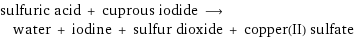 sulfuric acid + cuprous iodide ⟶ water + iodine + sulfur dioxide + copper(II) sulfate