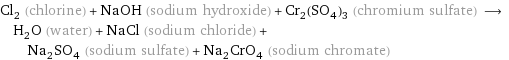 Cl_2 (chlorine) + NaOH (sodium hydroxide) + Cr_2(SO_4)_3 (chromium sulfate) ⟶ H_2O (water) + NaCl (sodium chloride) + Na_2SO_4 (sodium sulfate) + Na_2CrO_4 (sodium chromate)