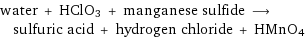 water + HClO3 + manganese sulfide ⟶ sulfuric acid + hydrogen chloride + HMnO4