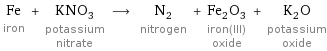 Fe iron + KNO_3 potassium nitrate ⟶ N_2 nitrogen + Fe_2O_3 iron(III) oxide + K_2O potassium oxide