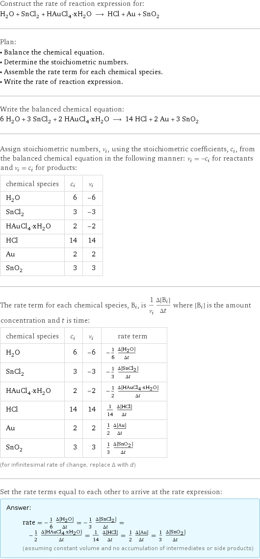 Construct the rate of reaction expression for: H_2O + SnCl_2 + HAuCl_4·xH_2O ⟶ HCl + Au + SnO_2 Plan: • Balance the chemical equation. • Determine the stoichiometric numbers. • Assemble the rate term for each chemical species. • Write the rate of reaction expression. Write the balanced chemical equation: 6 H_2O + 3 SnCl_2 + 2 HAuCl_4·xH_2O ⟶ 14 HCl + 2 Au + 3 SnO_2 Assign stoichiometric numbers, ν_i, using the stoichiometric coefficients, c_i, from the balanced chemical equation in the following manner: ν_i = -c_i for reactants and ν_i = c_i for products: chemical species | c_i | ν_i H_2O | 6 | -6 SnCl_2 | 3 | -3 HAuCl_4·xH_2O | 2 | -2 HCl | 14 | 14 Au | 2 | 2 SnO_2 | 3 | 3 The rate term for each chemical species, B_i, is 1/ν_i(Δ[B_i])/(Δt) where [B_i] is the amount concentration and t is time: chemical species | c_i | ν_i | rate term H_2O | 6 | -6 | -1/6 (Δ[H2O])/(Δt) SnCl_2 | 3 | -3 | -1/3 (Δ[SnCl2])/(Δt) HAuCl_4·xH_2O | 2 | -2 | -1/2 (Δ[HAuCl4·xH2O])/(Δt) HCl | 14 | 14 | 1/14 (Δ[HCl])/(Δt) Au | 2 | 2 | 1/2 (Δ[Au])/(Δt) SnO_2 | 3 | 3 | 1/3 (Δ[SnO2])/(Δt) (for infinitesimal rate of change, replace Δ with d) Set the rate terms equal to each other to arrive at the rate expression: Answer: |   | rate = -1/6 (Δ[H2O])/(Δt) = -1/3 (Δ[SnCl2])/(Δt) = -1/2 (Δ[HAuCl4·xH2O])/(Δt) = 1/14 (Δ[HCl])/(Δt) = 1/2 (Δ[Au])/(Δt) = 1/3 (Δ[SnO2])/(Δt) (assuming constant volume and no accumulation of intermediates or side products)