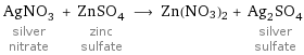 AgNO_3 silver nitrate + ZnSO_4 zinc sulfate ⟶ Zn(NO3)2 + Ag_2SO_4 silver sulfate