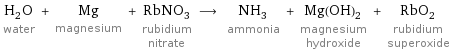 H_2O water + Mg magnesium + RbNO_3 rubidium nitrate ⟶ NH_3 ammonia + Mg(OH)_2 magnesium hydroxide + RbO_2 rubidium superoxide