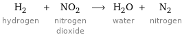 H_2 hydrogen + NO_2 nitrogen dioxide ⟶ H_2O water + N_2 nitrogen