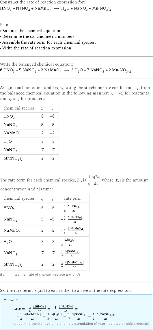 Construct the rate of reaction expression for: HNO_3 + NaNO_2 + NaMnO_4 ⟶ H_2O + NaNO_3 + Mn(NO_3)_2 Plan: • Balance the chemical equation. • Determine the stoichiometric numbers. • Assemble the rate term for each chemical species. • Write the rate of reaction expression. Write the balanced chemical equation: 6 HNO_3 + 5 NaNO_2 + 2 NaMnO_4 ⟶ 3 H_2O + 7 NaNO_3 + 2 Mn(NO_3)_2 Assign stoichiometric numbers, ν_i, using the stoichiometric coefficients, c_i, from the balanced chemical equation in the following manner: ν_i = -c_i for reactants and ν_i = c_i for products: chemical species | c_i | ν_i HNO_3 | 6 | -6 NaNO_2 | 5 | -5 NaMnO_4 | 2 | -2 H_2O | 3 | 3 NaNO_3 | 7 | 7 Mn(NO_3)_2 | 2 | 2 The rate term for each chemical species, B_i, is 1/ν_i(Δ[B_i])/(Δt) where [B_i] is the amount concentration and t is time: chemical species | c_i | ν_i | rate term HNO_3 | 6 | -6 | -1/6 (Δ[HNO3])/(Δt) NaNO_2 | 5 | -5 | -1/5 (Δ[NaNO2])/(Δt) NaMnO_4 | 2 | -2 | -1/2 (Δ[NaMnO4])/(Δt) H_2O | 3 | 3 | 1/3 (Δ[H2O])/(Δt) NaNO_3 | 7 | 7 | 1/7 (Δ[NaNO3])/(Δt) Mn(NO_3)_2 | 2 | 2 | 1/2 (Δ[Mn(NO3)2])/(Δt) (for infinitesimal rate of change, replace Δ with d) Set the rate terms equal to each other to arrive at the rate expression: Answer: |   | rate = -1/6 (Δ[HNO3])/(Δt) = -1/5 (Δ[NaNO2])/(Δt) = -1/2 (Δ[NaMnO4])/(Δt) = 1/3 (Δ[H2O])/(Δt) = 1/7 (Δ[NaNO3])/(Δt) = 1/2 (Δ[Mn(NO3)2])/(Δt) (assuming constant volume and no accumulation of intermediates or side products)