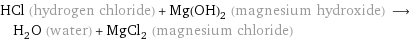 HCl (hydrogen chloride) + Mg(OH)_2 (magnesium hydroxide) ⟶ H_2O (water) + MgCl_2 (magnesium chloride)