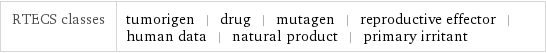 RTECS classes | tumorigen | drug | mutagen | reproductive effector | human data | natural product | primary irritant